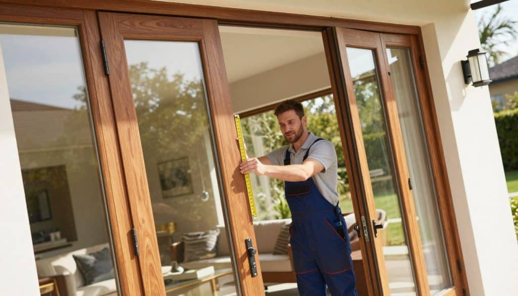A close-up view of Abingdon patio doors installed in a modern home, showcasing sleek design and premium materials. The foreground features rich wooden frames with double-glazed glass, reflecting natural light. In the middle, a professional installer in business attire carefully measures and evaluates the door installation process, emphasizing expertise. The background reveals a sunny outdoor view with greenery, enhancing the ambiance of open living space. The lighting is bright and warm, creating a welcoming atmosphere. The image captures the essence of quality and professionalism associated with Oxon Windows and Doors, illustrating the importance of accurate cost estimates for installation. The camera angle is slightly tilted downward to highlight the doors, focusing on craftsmanship and detail.