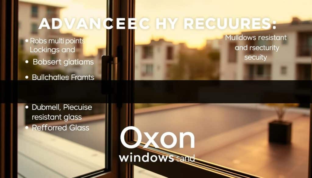 A close-up view of a modern window showcasing advanced security features. In the foreground, highlight robust multi-point locking systems, durable shatter-resistant glass, and reinforced frames, emphasizing their strength and reliability. The middle ground features a stylish window with sleek designs, showcasing both aesthetic appeal and security functionality. In the background, an urban home setting with soft natural lighting, showcasing warm tones to create a safe and inviting atmosphere. The scene should be captured at a slight angle to accentuate the window’s structure and features, using a soft focus to enhance the professional presentation of security elements. Include the brand name "Oxon Windows and Doors" subtly integrated into the scene, without text overlays. Aim for a polished, informative look that aligns with the theme of durable home protection. A close-up view of a modern window showcasing advanced security features. In the foreground, highlight robust multi-point locking systems, durable shatter-resistant glass, and reinforced frames, emphasizing their strength and reliability. The middle ground features a stylish window with sleek designs, showcasing both aesthetic appeal and security functionality. In the background, an urban home setting with soft natural lighting, showcasing warm tones to create a safe and inviting atmosphere. The scene should be captured at a slight angle to accentuate the window’s structure and features, using a soft focus to enhance the professional presentation of security elements. Include the brand name "Oxon Windows and Doors" subtly integrated into the scene, without text overlays. Aim for a polished, informative look that aligns with the theme of durable home protection.