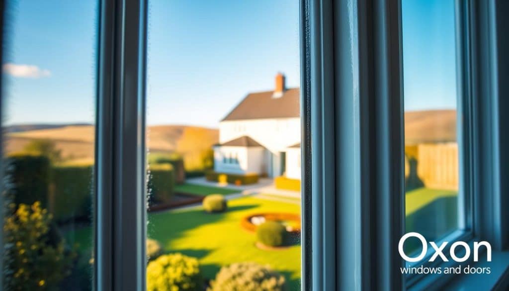 A close-up view of double glazed windows installed in a charming Headington home, showcasing the beautiful detailing and energy efficiency. In the foreground, the window features classic white frames, with condensation-free panes reflecting the surrounding greenery and a clear blue sky. In the middle ground, the house stands proudly with a tidy garden, emphasizing the modern yet timeless architecture typical of the area. In the background, gentle hills can be seen, bathed in warm, soft sunlight to create a serene atmosphere. Capture this scene with a wide-angle lens to enhance the inviting feel of the home, while portraying the benefits of double glazing in improving aesthetics and comfort. Include the brand name "Oxon Windows and Doors" subtly integrated into the image.