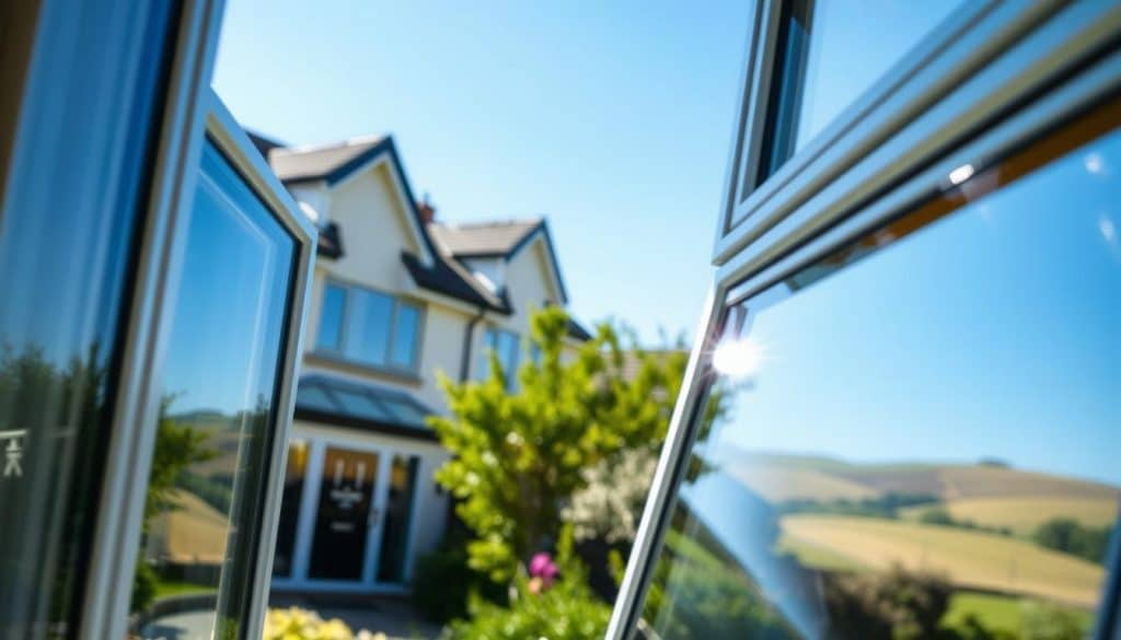 A close-up view of energy efficient windows installed in a modern home in Chipping Norton, showcasing sleek, double-glazed designs with a subtle reflection of the surrounding greenery. In the foreground, a sparkling window with a high thermal performance rating is flanked by stylish window frames from Oxon Windows and Doors. The middle ground features the home's facade with contemporary architecture, surrounded by lush gardens that highlight the eco-friendly atmosphere. In the background, the soft rolling hills of Chipping Norton merge into a clear blue sky, providing a peaceful backdrop. The image is bathed in natural daylight, creating a warm and inviting mood while emphasizing energy efficiency. The angle is slightly tilted upwards, capturing the elegance of the windows against a serene setting.