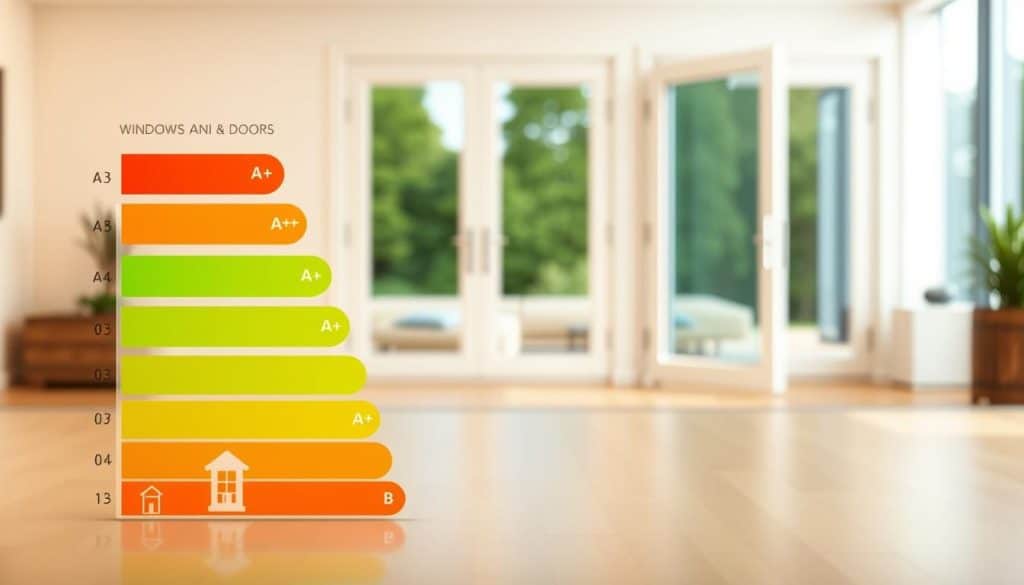 A detailed and informative illustration of energy efficiency ratings for windows, featuring a visually appealing chart displaying various rating categories like A++, A+, and B, with colorful gradients to signify efficiency. In the foreground, include icons representing Windows and Doors, subtly branded with "Oxon Windows and Doors". The middle layer should depict an abstract background that resembles a modern home environment, featuring energy-efficient windows showcasing clear glass and insulated frames. The background should have a soft-focus effect, enhancing the main subjects without distraction. Use warm, natural lighting to create an inviting atmosphere, capturing the essence of sustainability. The overall mood should convey a sense of reliability and professionalism, emphasizing the importance of energy efficiency in home installation services.