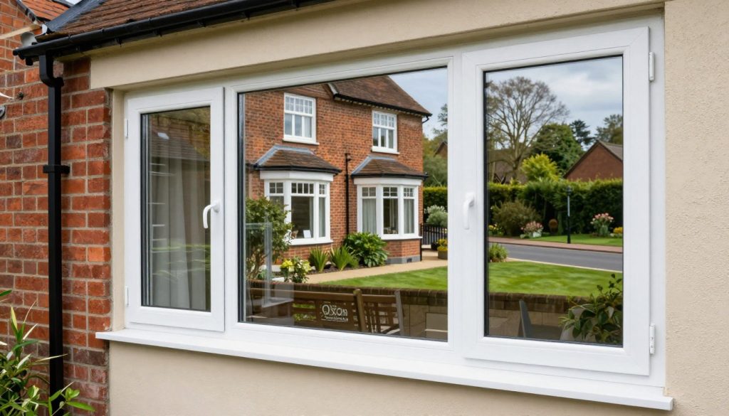 A detailed depiction of UPVC windows fitted in a contemporary home in Wallingford, emphasizing quality craftsmanship. In the foreground, showcase the sleek, double-glazed UPVC windows, highlighting their energy efficiency with subtle reflections of light. The middle ground should feature the exterior of a tasteful home, blending traditional and modern architectural styles. In the background, include a peaceful suburban street with lush greenery, creating a serene atmosphere. Soft, natural sunlight bathes the scene, enhancing the textures of the windows and home facade. Capture the image at eye level with a wide-angle lens to convey a sense of openness. The overall mood should feel inviting and trustworthy, underlining the expertise of "Oxon Windows and Doors" in providing quality installations.
