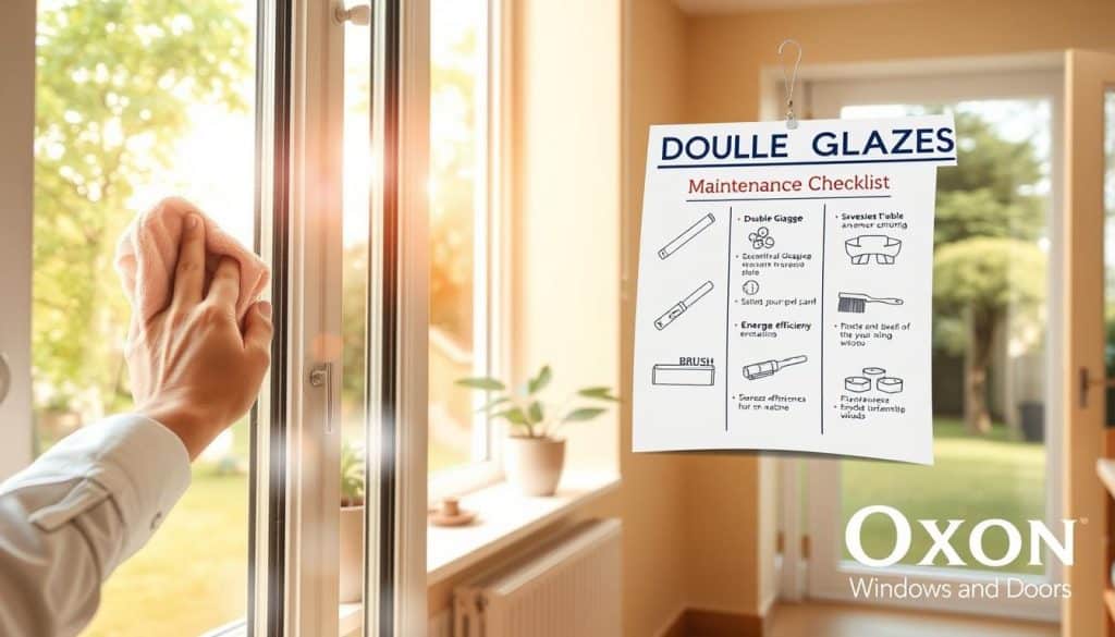 A detailed illustration of double glazing maintenance tips depicted in a cozy home setting. In the foreground, highlight a pair of hands in professional attire cleaning a double-glazed window with a soft cloth, focusing on the clear reflection of surrounding greenery. The middle ground showcases an organized maintenance checklist pinned to a wall, featuring illustrations of essential tools like a squeegee, sealant, and brush. In the background, a sunlit room emphasizes warmth and energy efficiency, with well-maintained double-glazed windows inviting natural light. Use soft, warm lighting to create a welcoming atmosphere, shot from a slightly angled perspective to add depth. Include branding elements subtly reflecting "Oxon Windows and Doors" to enhance professionalism.