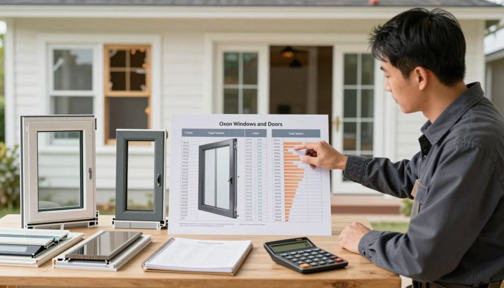 A detailed, informative illustration depicting the various cost factors of window replacement, emphasizing professionalism and clarity. In the foreground, a neatly arranged table showcasing window samples, costs, and materials with an open calculator and notepad to symbolize budgeting. The middle features a skilled window replacement professional wearing business attire, analyzing cost factors while pointing at a chart showing price variances and labor costs. The background illustrates a home with half-removed old windows and new options arranged artfully to symbolize the change, enhancing the setting's relevance. Soft, natural lighting filters through the windows, creating a warm and inviting atmosphere. The branding of "Oxon Windows and Doors" is subtly integrated into the scene, ensuring a focus on expertise and trustworthiness.