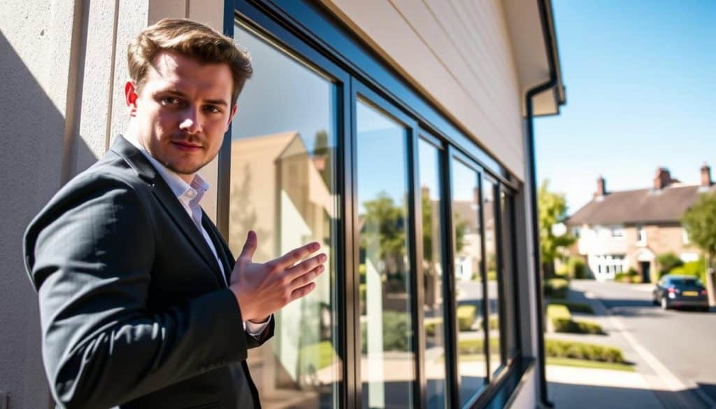 A modern home in Summertown, Oxford, featuring high-tech window installations by Oxon Windows and Doors. In the foreground, a professional contractor in smart business attire is demonstrating security features of the windows, showcasing a sleek, multi-lock system. In the middle, vibrant, high-quality windows reflect natural light, enhancing the home's aesthetic appeal while emphasizing security. The background showcases a charming Summertown street, lined with lush greenery and classic architecture, under a bright, clear blue sky. The mood is inviting yet secure, highlighting the importance of modern installations in enhancing home safety. Soft sunlight casts gentle shadows, creating a warm and approachable atmosphere. A modern home in Summertown, Oxford, featuring high-tech window installations by Oxon Windows and Doors. In the foreground, a professional contractor in smart business attire is demonstrating security features of the windows, showcasing a sleek, multi-lock system. In the middle, vibrant, high-quality windows reflect natural light, enhancing the home's aesthetic appeal while emphasizing security. The background showcases a charming Summertown street, lined with lush greenery and classic architecture, under a bright, clear blue sky. The mood is inviting yet secure, highlighting the importance of modern installations in enhancing home safety. Soft sunlight casts gentle shadows, creating a warm and approachable atmosphere.