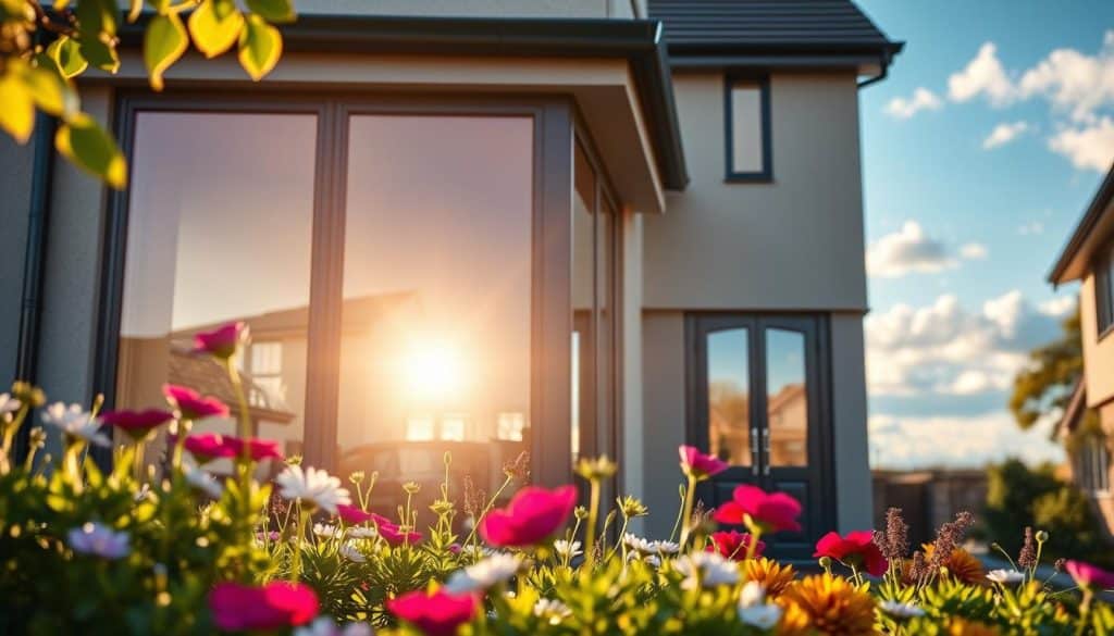 A modern home showcasing energy-efficient double glazing in a stylish neighborhood, with the focus on large, clear double-glazed windows. In the foreground, a beautifully landscaped garden with vibrant flowers and greenery. The middle ground features the inviting facade of the home, showcasing sleek, contemporary designs by Oxon Windows and Doors. The background displays a serene blue sky with soft, fluffy clouds and distant trees. Warm, natural sunlight filters through the windows, creating a welcoming atmosphere while highlighting the energy-saving benefits of double glazing. The angle captures the elegance of the home, emphasizing the clarity and reflective quality of the glass, perfect for illustrating the advantages of enhanced insulation and noise reduction. The overall mood is bright, fresh, and uplifting. A modern home showcasing energy-efficient double glazing in a stylish neighborhood, with the focus on large, clear double-glazed windows. In the foreground, a beautifully landscaped garden with vibrant flowers and greenery. The middle ground features the inviting facade of the home, showcasing sleek, contemporary designs by Oxon Windows and Doors. The background displays a serene blue sky with soft, fluffy clouds and distant trees. Warm, natural sunlight filters through the windows, creating a welcoming atmosphere while highlighting the energy-saving benefits of double glazing. The angle captures the elegance of the home, emphasizing the clarity and reflective quality of the glass, perfect for illustrating the advantages of enhanced insulation and noise reduction. The overall mood is bright, fresh, and uplifting.