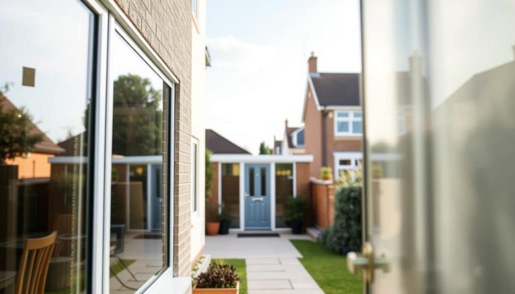 A modern residential building in Summertown showcasing energy-efficient double-glazed windows by Oxon Windows and Doors. In the foreground, attractive energy-efficient windows are highlighted, reflecting natural light and showcasing a clear view of the outdoor garden. The middle ground features a stylish front door, also from Oxon, framing the entrance with sleek lines. In the background, a sunny, suburban street with lush greenery and well-maintained homes conveys a sense of community and sustainability. Soft, natural lighting enhances the scene, with a gentle blue sky above. The overall atmosphere is inviting and eco-friendly, emphasizing the benefits of modern energy-efficient windows. A modern residential building in Summertown showcasing energy-efficient double-glazed windows by Oxon Windows and Doors. In the foreground, attractive energy-efficient windows are highlighted, reflecting natural light and showcasing a clear view of the outdoor garden. The middle ground features a stylish front door, also from Oxon, framing the entrance with sleek lines. In the background, a sunny, suburban street with lush greenery and well-maintained homes conveys a sense of community and sustainability. Soft, natural lighting enhances the scene, with a gentle blue sky above. The overall atmosphere is inviting and eco-friendly, emphasizing the benefits of modern energy-efficient windows.