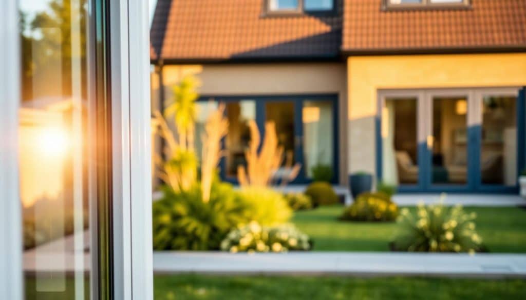 A modern residential exterior featuring energy-efficient double glazed windows with a sleek design by Oxon Windows and Doors. In the foreground, show a stylish window reflecting sunlight, highlighting its clear, durable glass and insulated frame. The middle ground should include a well-manicured garden with vibrant greenery, softly illuminated by warm afternoon light. The background emphasizes a contemporary house with multiple double glazed windows, showcasing their alignment and modern architecture. Use a soft focus on the edges, keeping the windows sharp and clear to emphasize their features. The atmosphere should feel inviting and eco-friendly, demonstrating natural light and warmth while conveying a sense of comfort and innovation in home design.