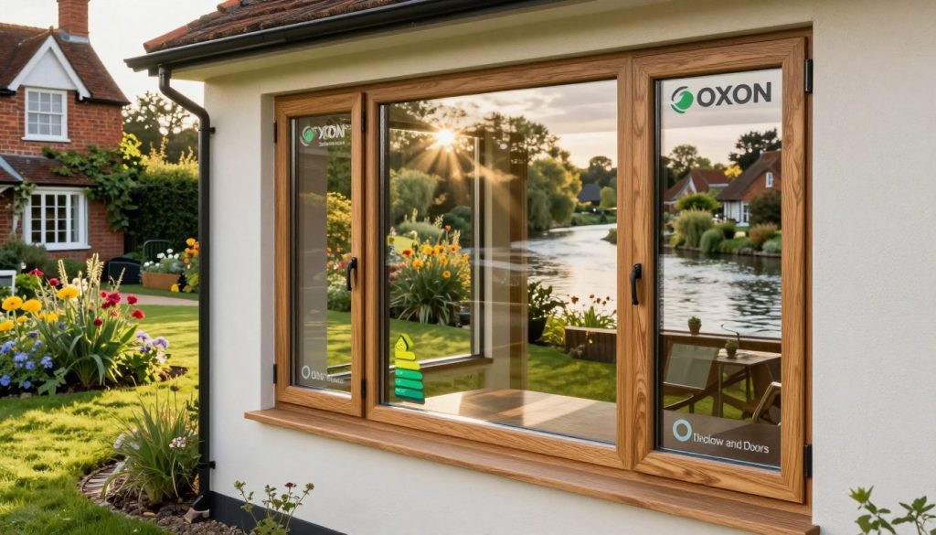 A picturesque view of energy-efficient windows designed by Oxon Windows and Doors, showcased in a charming Henley on Thames home. In the foreground, display sleek double-glazed windows with a modern aesthetic, framed in natural wood, reflecting energy-saving features. The middle ground includes a well-maintained garden with vibrant flowers and lush greenery. In the background, gently flowing River Thames can be seen, with historical architecture typical of Henley on Thames, bathed in warm, golden sunlight that enhances the inviting atmosphere. The scene is captured from an eye-level angle, creating an approachable, friendly feel that emphasizes sustainability and aesthetic appeal, suitable for illustrating energy efficiency and cost savings. A picturesque view of energy-efficient windows designed by Oxon Windows and Doors, showcased in a charming Henley on Thames home. In the foreground, display sleek double-glazed windows with a modern aesthetic, framed in natural wood, reflecting energy-saving features. The middle ground includes a well-maintained garden with vibrant flowers and lush greenery. In the background, gently flowing River Thames can be seen, with historical architecture typical of Henley on Thames, bathed in warm, golden sunlight that enhances the inviting atmosphere. The scene is captured from an eye-level angle, creating an approachable, friendly feel that emphasizes sustainability and aesthetic appeal, suitable for illustrating energy efficiency and cost savings.