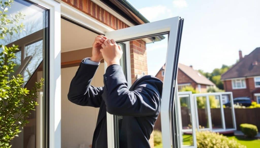 A professional installation scene showcasing uPVC double glazed windows from "Oxon Windows and Doors" in Marston. In the foreground, a skilled technician in business attire carefully fits a sleek, modern uPVC window into a stylish home. The middle ground features the partially installed series of windows, revealing their energy-efficient double glazing. The background captures a picturesque suburban setting in Marston, with lush green trees and a sunny, clear sky, evoking a sense of tranquility and modern living. The lighting is bright and natural, highlighting the clarity of the glass and the quality of the materials. The angle is slightly above eye-level to provide a comprehensive view of the installation process, emphasizing professionalism and expertise. The overall mood is uplifting and aspirational, showcasing the benefits of upgrading to double glazed products. A professional installation scene showcasing uPVC double glazed windows from "Oxon Windows and Doors" in Marston. In the foreground, a skilled technician in business attire carefully fits a sleek, modern uPVC window into a stylish home. The middle ground features the partially installed series of windows, revealing their energy-efficient double glazing. The background captures a picturesque suburban setting in Marston, with lush green trees and a sunny, clear sky, evoking a sense of tranquility and modern living. The lighting is bright and natural, highlighting the clarity of the glass and the quality of the materials. The angle is slightly above eye-level to provide a comprehensive view of the installation process, emphasizing professionalism and expertise. The overall mood is uplifting and aspirational, showcasing the benefits of upgrading to double glazed products.