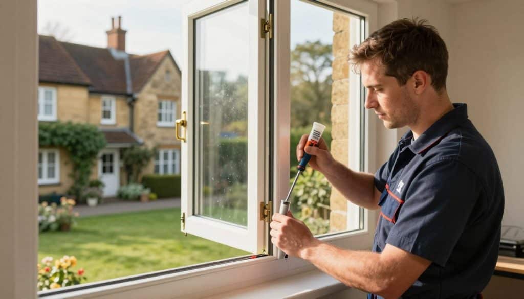 A professional team member from Oxon Windows and Doors is shown repairing double-glazed windows in a typical Wantage home. In the foreground, the technician, dressed in a smart uniform, is focused on carefully adjusting the window frame, showcasing tools like a screwdriver and a sealant tube. The middle ground features a partially disassembled double-glazed window, emphasizing the repair process with detailed textures of glass and wood. The background captures a charming Wantage neighborhood with historic stone houses and lush greenery, bathed in warm afternoon sunlight, creating a welcoming and trustworthy atmosphere. The angle is slightly low, highlighting the expertise of the technician while maintaining an inviting perspective that conveys reliability and professionalism in home improvement services.