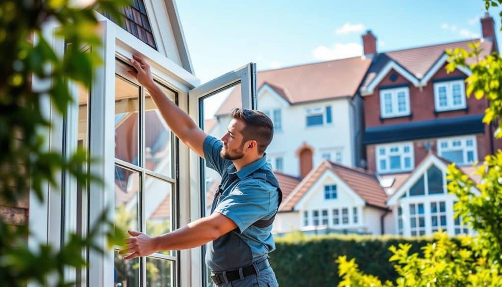 A professional window installation company named "Oxon Windows and Doors" is depicted in a bright, inviting residential neighborhood near Marston. In the foreground, a skilled installer, dressed in a neat uniform, carefully fits a large window into a stylish home, showcasing precision and craftsmanship. In the middle ground, various window styles are on display – traditional sash windows, modern casements, and energy-efficient designs, creating a sense of product variety. The background features picturesque houses under a clear blue sky, with lush greenery framing the scene, suggesting a friendly community atmosphere. Soft, natural daylight illuminates the setting, enhancing the colors and details of the windows and surrounding environment. The overall mood is professional and serene, emphasizing trust and reliability in window installations. A professional window installation company named "Oxon Windows and Doors" is depicted in a bright, inviting residential neighborhood near Marston. In the foreground, a skilled installer, dressed in a neat uniform, carefully fits a large window into a stylish home, showcasing precision and craftsmanship. In the middle ground, various window styles are on display – traditional sash windows, modern casements, and energy-efficient designs, creating a sense of product variety. The background features picturesque houses under a clear blue sky, with lush greenery framing the scene, suggesting a friendly community atmosphere. Soft, natural daylight illuminates the setting, enhancing the colors and details of the windows and surrounding environment. The overall mood is professional and serene, emphasizing trust and reliability in window installations.