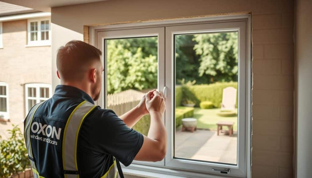 A professional window installer from Oxon Windows and Doors is carefully replacing a large, modern window in a residential home in Cowley, Oxford. In the foreground, the installer, dressed in a branded shirt and safety gear, is focused on securing the window frame, showcasing precise craftsmanship. In the middle, a bright, energy-efficient window featuring a sleek design reflects the picturesque greenery outside. The background reveals a charming, historic Cowley home with light brickwork and a well-manicured garden under soft, natural lighting. A gentle afternoon sun casts warm shadows, creating an inviting, trustworthy atmosphere. Capture the scene from a slightly elevated angle, emphasizing the professionalism and quality of service in window installation while highlighting the beauty of the neighborhood. A professional window installer from Oxon Windows and Doors is carefully replacing a large, modern window in a residential home in Cowley, Oxford. In the foreground, the installer, dressed in a branded shirt and safety gear, is focused on securing the window frame, showcasing precise craftsmanship. In the middle, a bright, energy-efficient window featuring a sleek design reflects the picturesque greenery outside. The background reveals a charming, historic Cowley home with light brickwork and a well-manicured garden under soft, natural lighting. A gentle afternoon sun casts warm shadows, creating an inviting, trustworthy atmosphere. Capture the scene from a slightly elevated angle, emphasizing the professionalism and quality of service in window installation while highlighting the beauty of the neighborhood.
