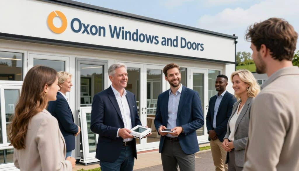 A vibrant scene showcasing local suppliers of windows and doors in Didcot, featuring a diverse group of professional individuals in smart business attire engaged in a discussion outside a bright, modern showroom branded with the logo "Oxon Windows and Doors." In the foreground, a friendly supplier greets a homeowner, both smiling as they examine a stylish window sample. The middle ground reveals an array of attractive windows and doors displayed enticingly, emphasizing quality craftsmanship. In the background, a clear blue sky and fresh greenery enhance the inviting atmosphere. Soft, natural lighting illuminates the scene, creating a warm and trustworthy ambiance. The image conveys professionalism and community spirit, highlighting the importance of finding the right supplier for home improvements.