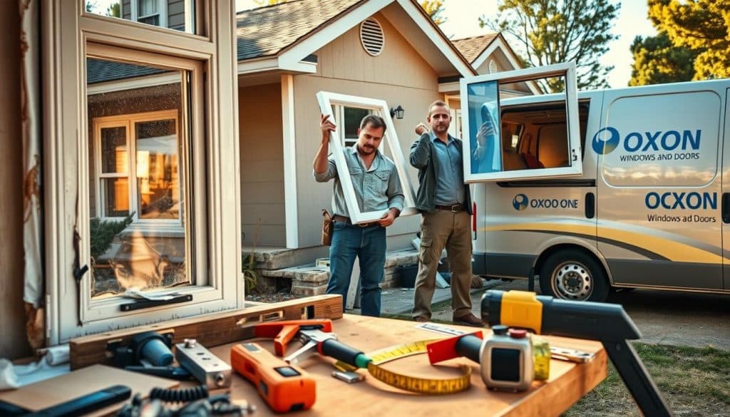 A visually striking scene depicting common window installation mistakes at a residential site. In the foreground, showcase a slightly misaligned window frame that reveals gaps and improper sealing, with a cluttered workbench nearby containing tools like a level, caulking gun, and measuring tape. In the middle ground, present a professional installer in modest casual clothing inspecting the installation with a concerned expression, while another installer, also in professional attire, adjusts a window frame incorrectly placed in the opening. The background features a suburban home, with some natural sunlight streaming in, creating a warm yet cautionary atmosphere. The entire scene should reflect a sense of urgency and the importance of proper installation techniques. Include branding elements related to "Oxon Windows and Doors" subtly integrated into the tools or van in the scene.